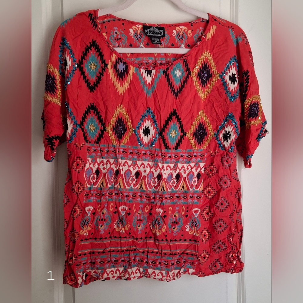 Angie coral sequin‎ womens blouse medium aztec gypsy country indie rodeo